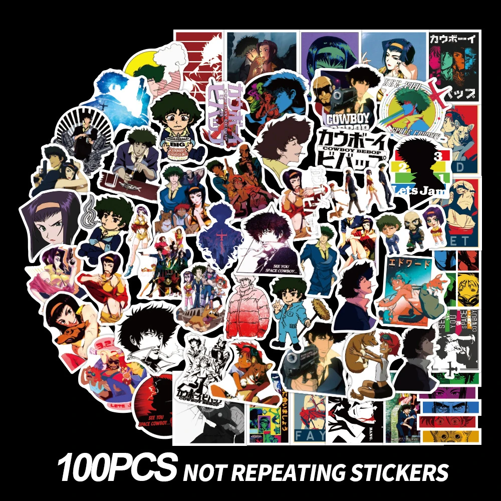 

100PCS Cowboy Bebop Japanese Anime Cartoon Stationery Stickers Lable for Skateboard Computer Notebook PVC Decal Children's Toys