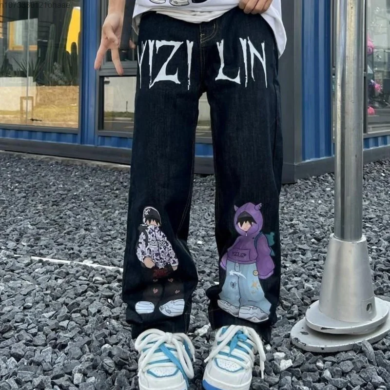 

Anime Harajuku Printed Y2k New Jeans Men Japanese Cartoon Hip Hop Trousers Streetwear Stuents Loose Wide Leg Casual Denim Pants