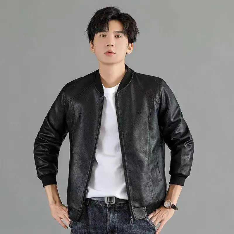 

Leather Jacket Men Bomber Motorcycle Jacket PU Leather Coat Zipper Stand-up Collar Outdoor Windproof Windbreaker Long Sleeve