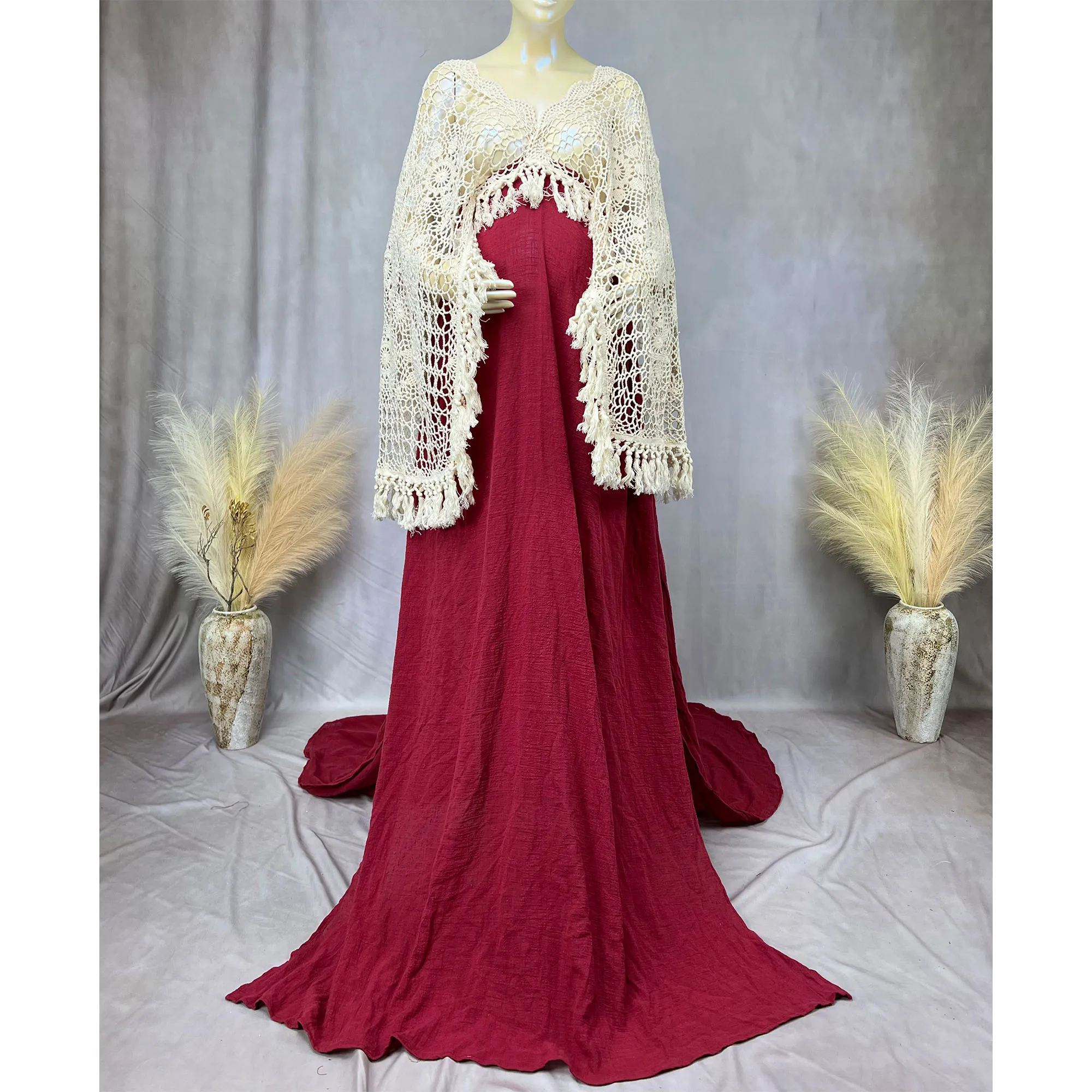 

Don&Judy Vintage Free Size Hand Crochet Cotton Half Bell Sleeves Dresses Maxi Gown Maternity PhotoShoot Dress Autumn Dress 2023
