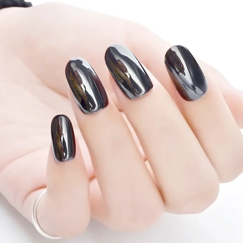 Sleek Black Metallic Nail Look
