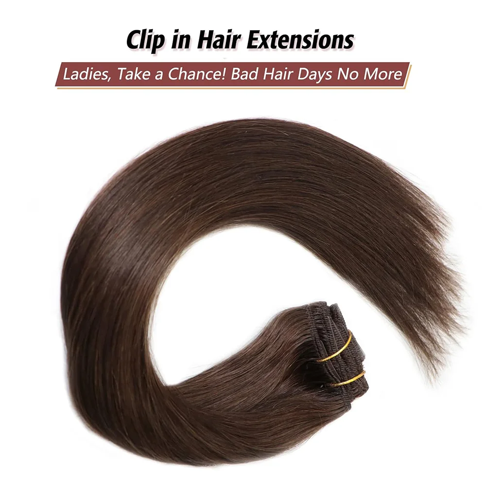 Clip In Hair Extension Straight Brown Color #2 Brazilian Clip In Hair Extension Human 16-26 Inches Full Head Seamless 120G