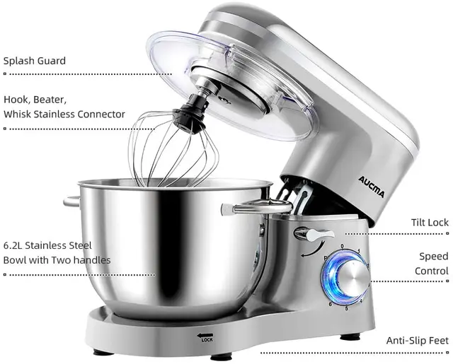 Aucma Kitchen Electric Stand Mixer 6.5QT 6+P Speed Tilt Head with Dough  Hook, Wire Whip & Beater Stainless Steel Bowl - AliExpress