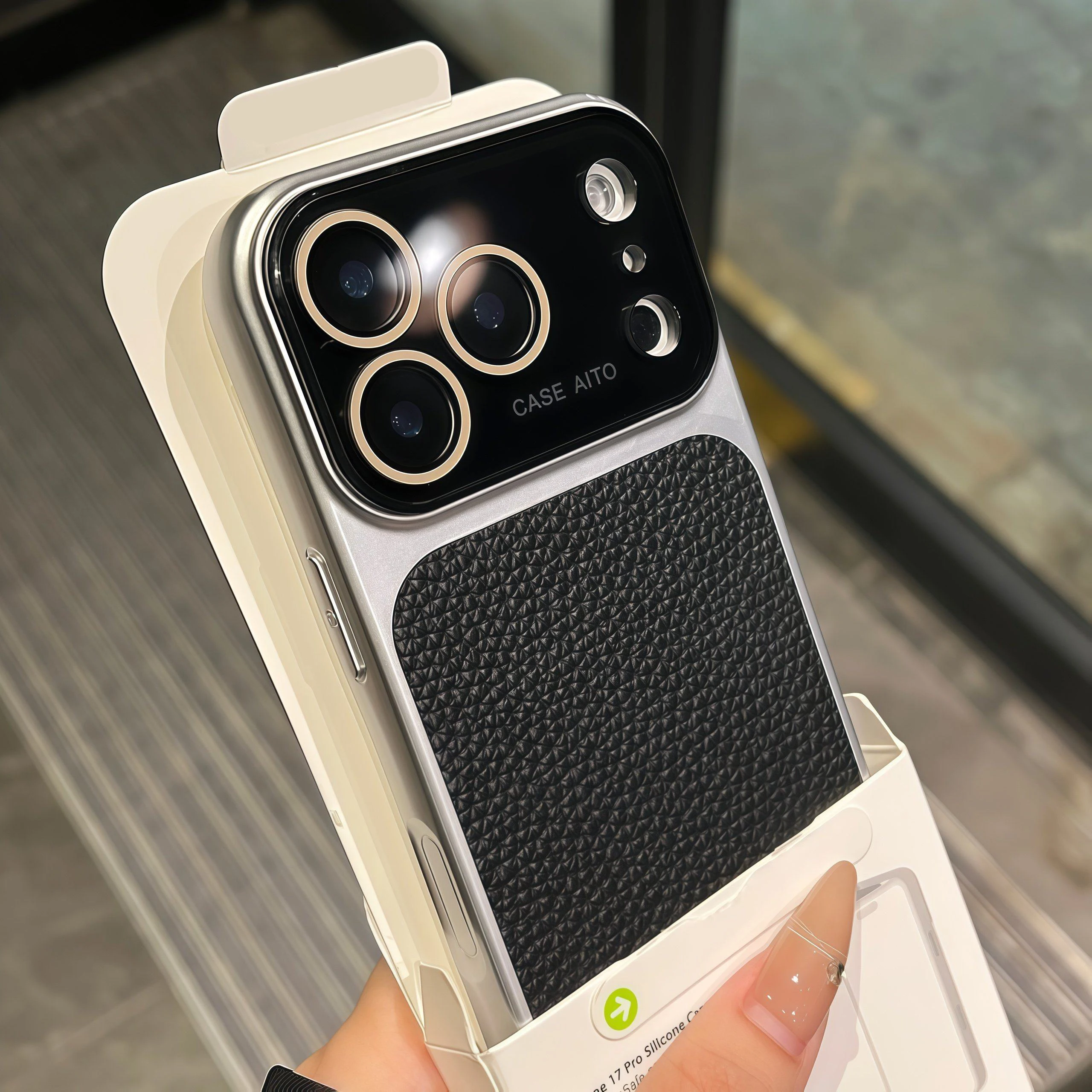 Elegant Lychee Leather Matte Shockproof Case with Glass Camera Protection