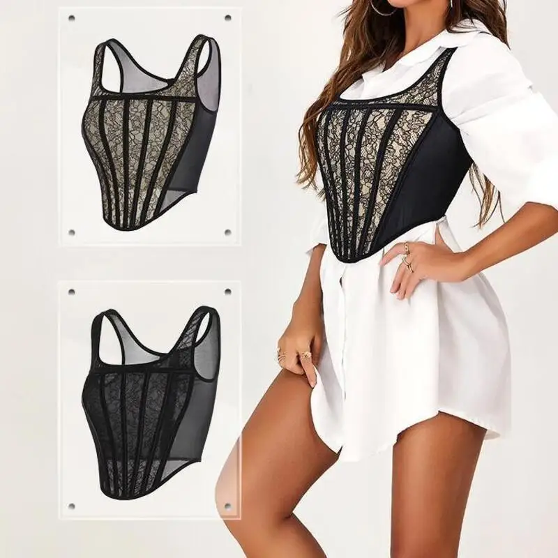 

Fashion Steel Boned Crop Top Corset Vest with Floral Lace Femme Sexy Bustiers Back Zipper Vintage Streetwear Cropped Clubwear