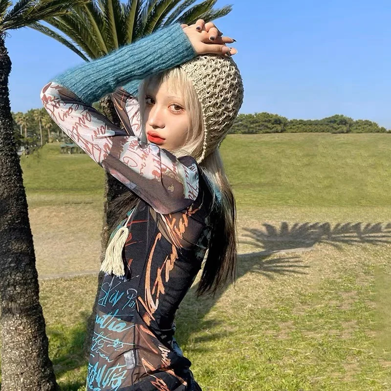 ibuya Spicy Girl Y2K Me Splice Knitted Slim Fit Long Sve Top Base Layer Autumn Winter plus Size Cultural Subup