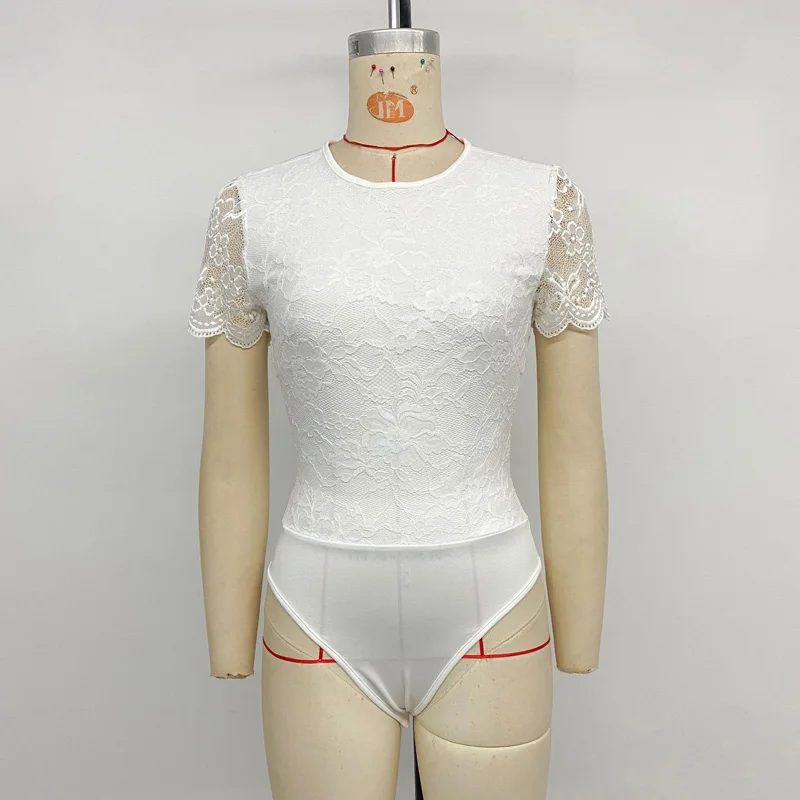 Benuynffy Bow Tie Backless White Lace Bodysuit Women Summer Short Sleeved O-Neck High Elastic Body Woman One Piece Street Tops