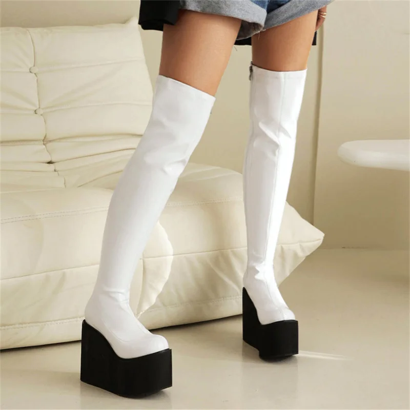 

Women Boots 2023 Winter Thick Soled High Heel Punk Wedge Heels Shoes Platform Lacquer Finish Over The Knee Boots Dropshopping