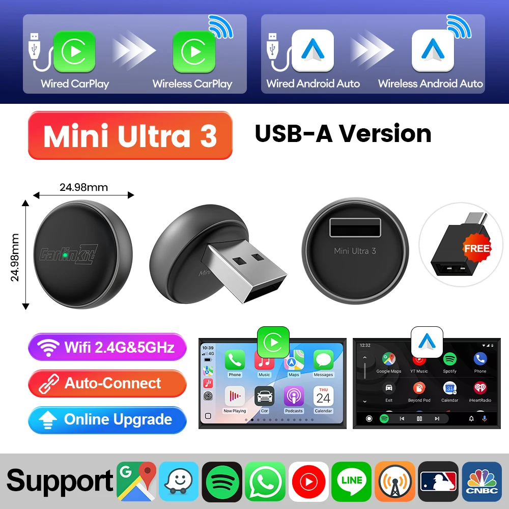 Carlinkit Mini Ultra 3-Wireless-Carplay-Adapter wandelt kabellose Android-Auto-Plug-and-Play-Carplay-WLAN-Bluetooth für Autoradio um