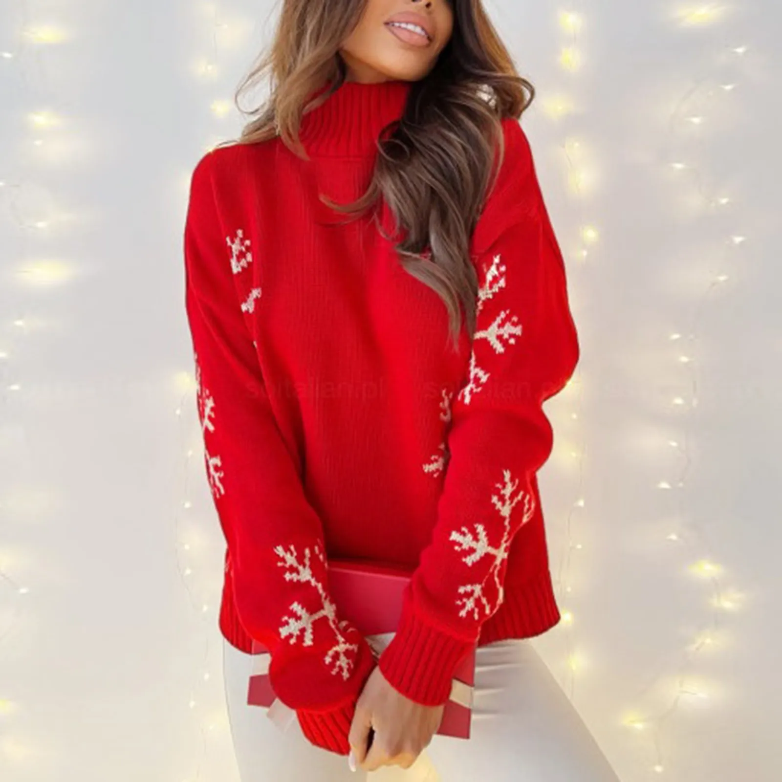 thumbnail image 1 of Suéter navideño rojo para mujer, estampado de copos de nieve, informal, suelto, de punto, de manga larga, con cuello alto, para Navidad y Año Nuevo, 1 of 5