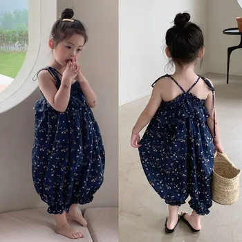 2-8T Summer Girls Flower Printed Suspenders Jumpsuit Baby Kids Trousers Bodysuit Casual Rompers Lace Up Jumpsuit Loose Bud Pants