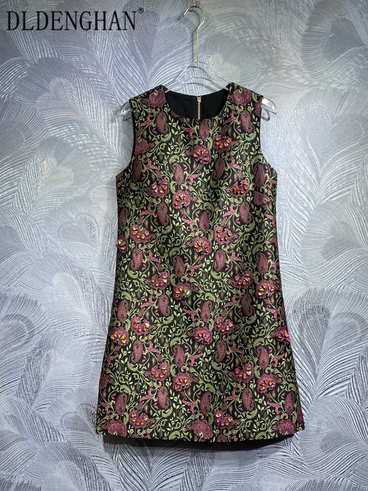 

DLDENGHAN, летнее жаккардовое платье без рукавов с круглым вырезом и бисером, винтажное женское платье-майка, модное дизайнерское мини-платье, новинка