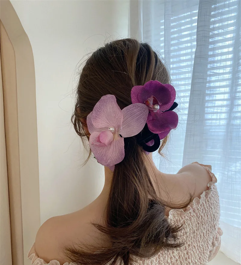 

Creative Design Phalaenopsis Flower Hair Claws Headwear Women Fashion Retro Pearl Floral Exaggerated Hairpin Hair Accessories