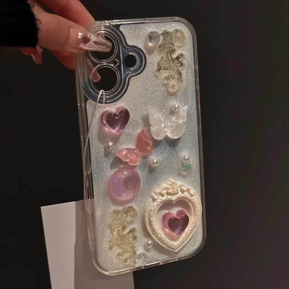 Charming 3D Butterfly Heart Epoxy Phone Case with Luxurious Lens Protection
