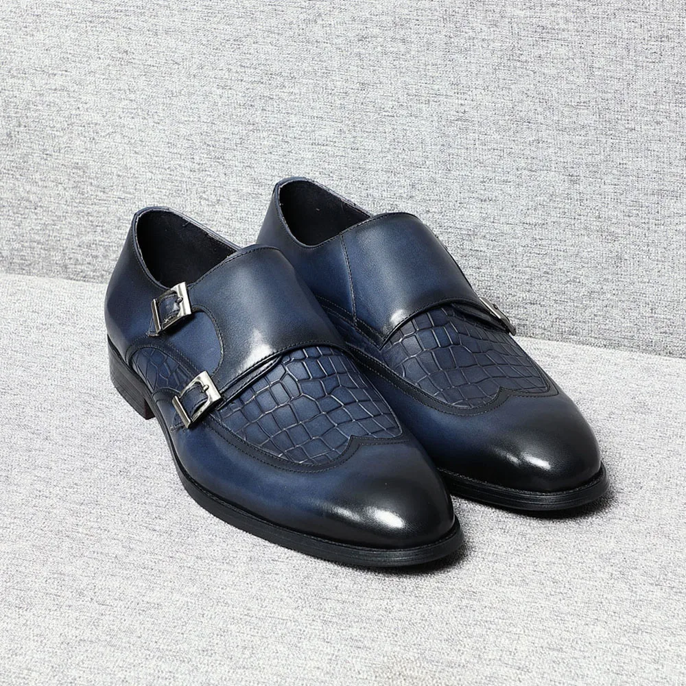 Natural Cow Leather Elegant Man Dress Shoes Stone Pattern Print Monk Double Buckle Strap and Cap Toe Business Party Social Shoes