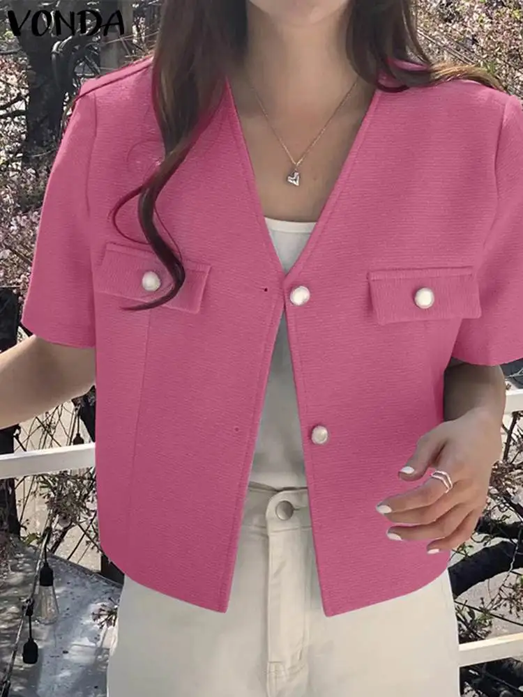 

2023 VONDA Fashion Blazer Summer Short Sleeve Coats Women Sexy V-Neck Buttons Casual Solid Color Loose OL Style Blusas Outwear