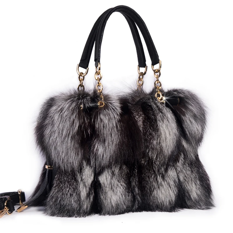 Real Fox Fur Bag Women Luxury Handbags Plush Bag Brand Party Shoulder Bag Ladies Hand Bags Designer Evening Bag Fur Leather Tote