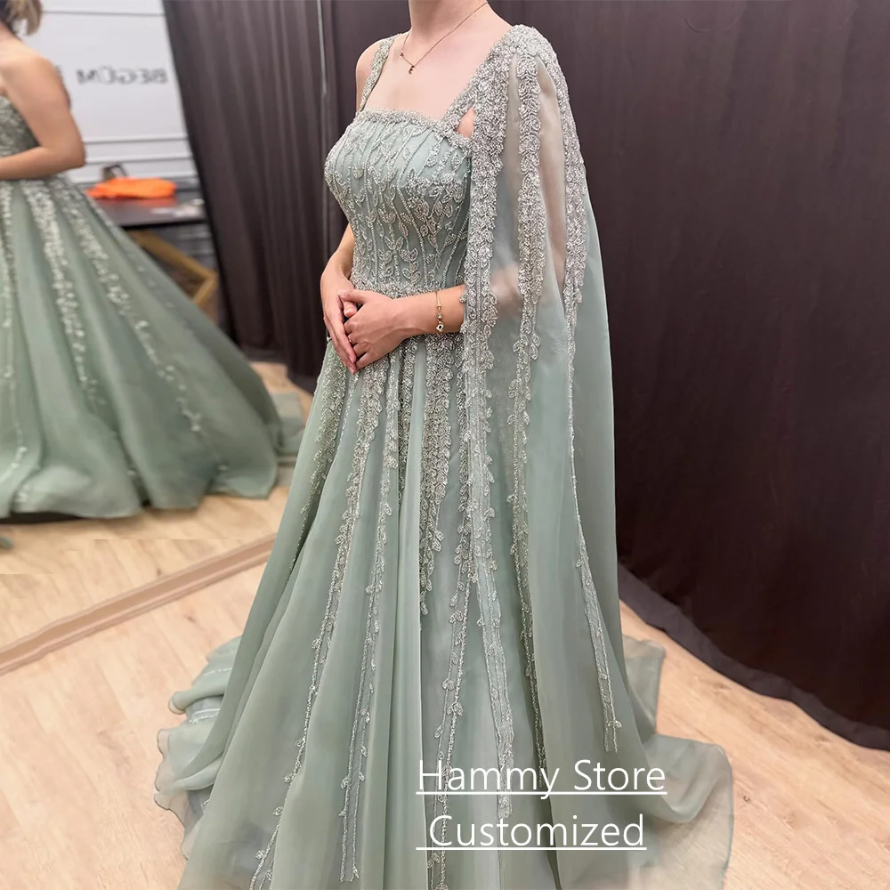 Elegant Formal Evening Dress for Woman Customized Square Neck Sleeveless Beading Sequined A Line Prom Gown with Cape 1