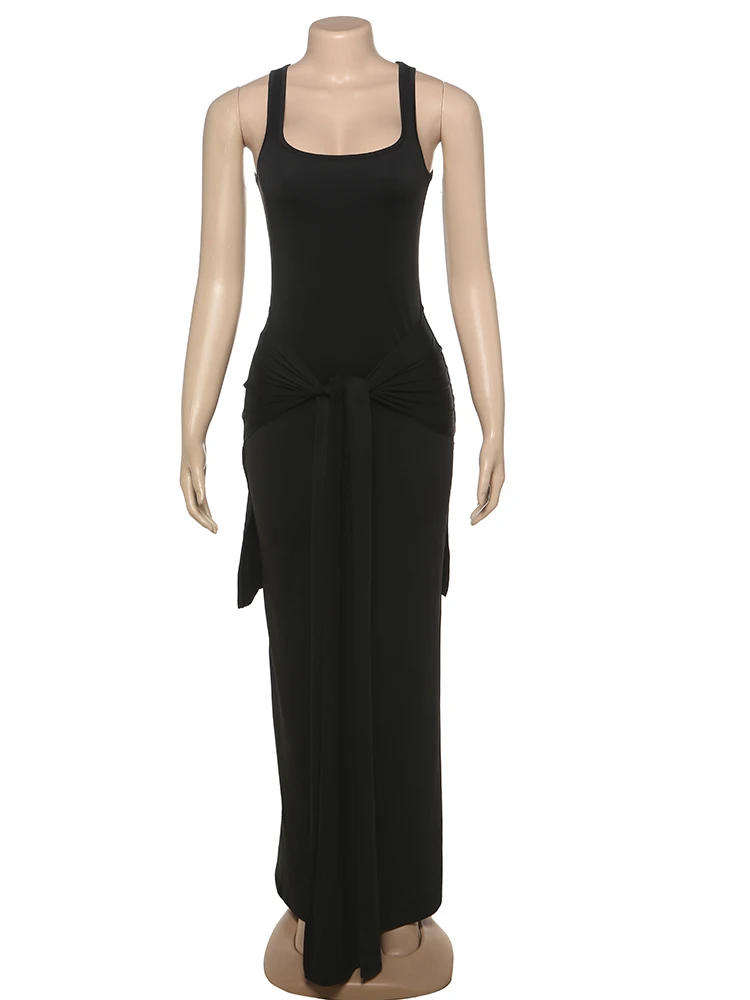 Nibber Folds Comfortable Casual Fashion Dress Women Summer Trend Square Collar Sleeveless Ruched Knot Daily Simple Long Bodycon