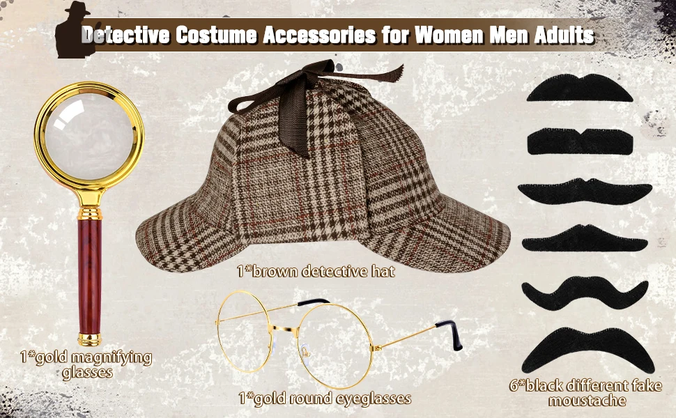 Detektiv-Kostüm-Zubehör-Set, Detektiv-Outfit-Zubehör für Erwachsene, Männer und Frauen mit Detektiv-Hut für Dress Up Disfraz – Detail 1