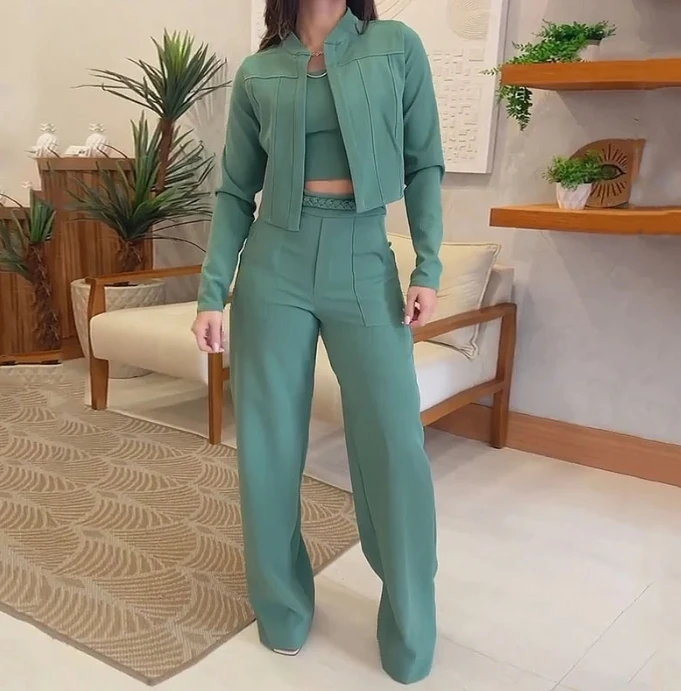 

3Pcs Women Outfit Autumn Fashion Solid Color Long Sleeve Open Front Crop Jacket & High Waist Pocket Wide Leg Pants Set with Vest