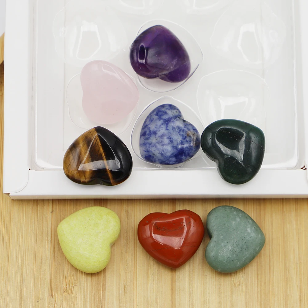 New Natural Stone Hearts Shaped Gift Box Set Ornament Crystal Rose Quartz Carved Love Healing Gemstones Craft Wedding Decor 1Box