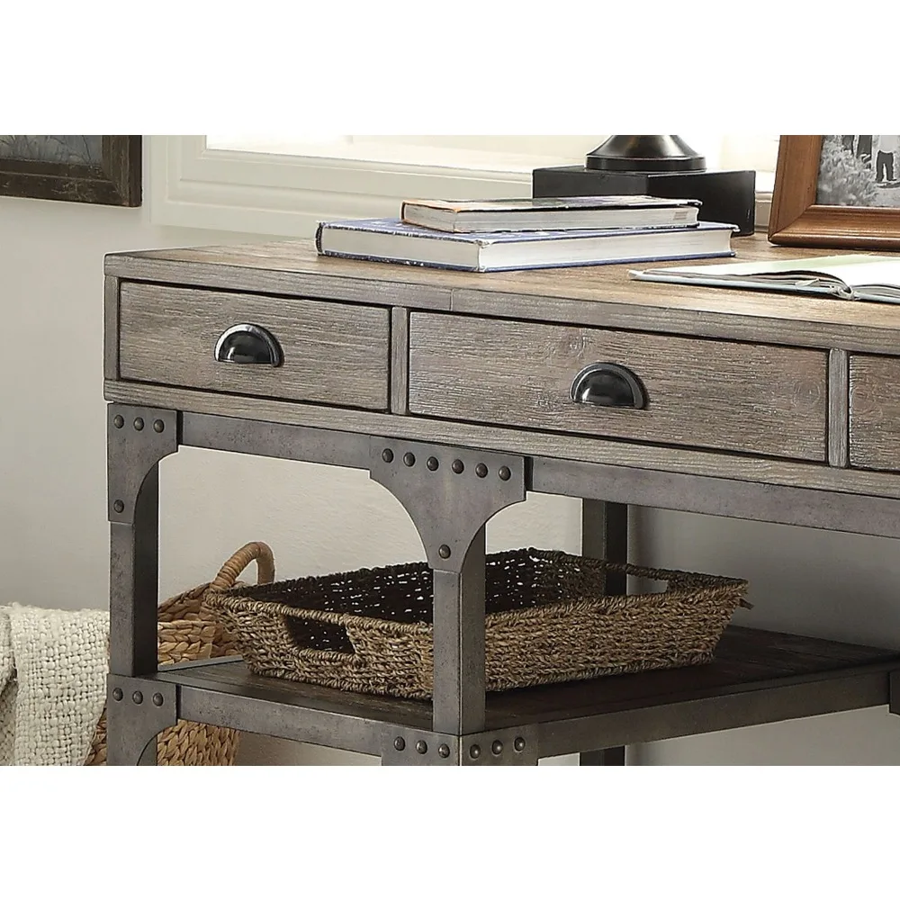 Computer Desks,Weathered Oak and Antique Silver 3-Drawer Writing DeskThe Three Drawers Provide Ample Storage,Office Desks 5