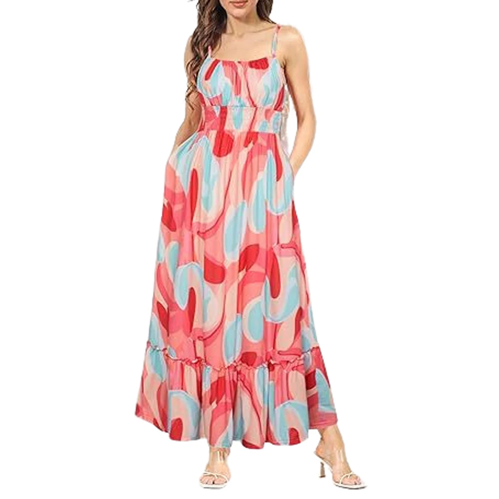 Vestido largo de verano con estampado floral, tirantes finos, corpiño fruncido, cintura fruncida, elegante vestido bohemio de playa para mujer
