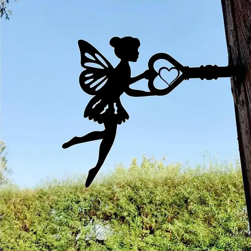 

Fairy Silhouette Yard Art Garden Fairy Decoration Stake Metal Art Elf Silhouette Inserting Ornament Fairy Open Door With Key