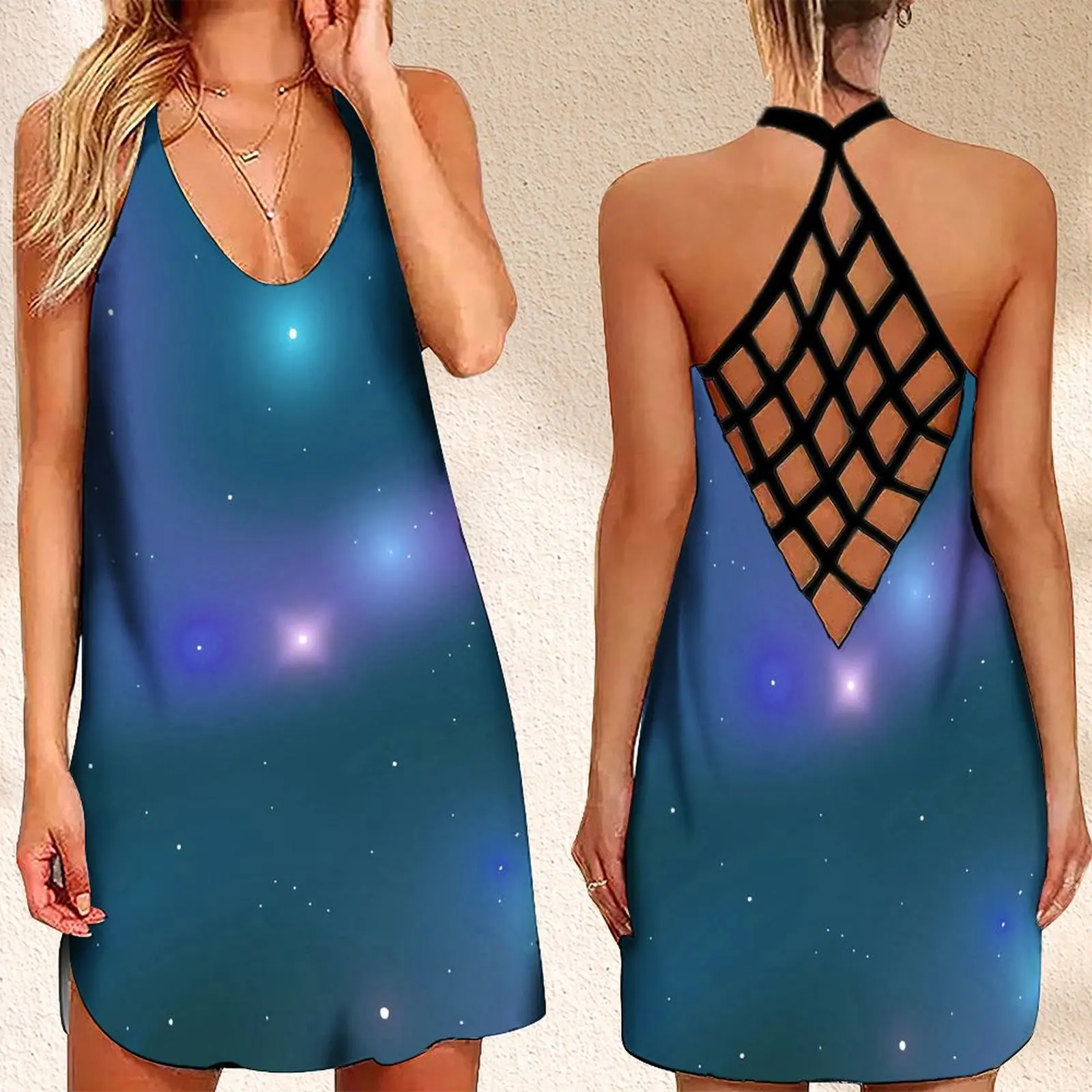 

Summer Women's Criss Cross Backless Sleeveless Dress VintageBeach Dress Stars SequinsPrint Birthday Dress For Women Luxury 2023
