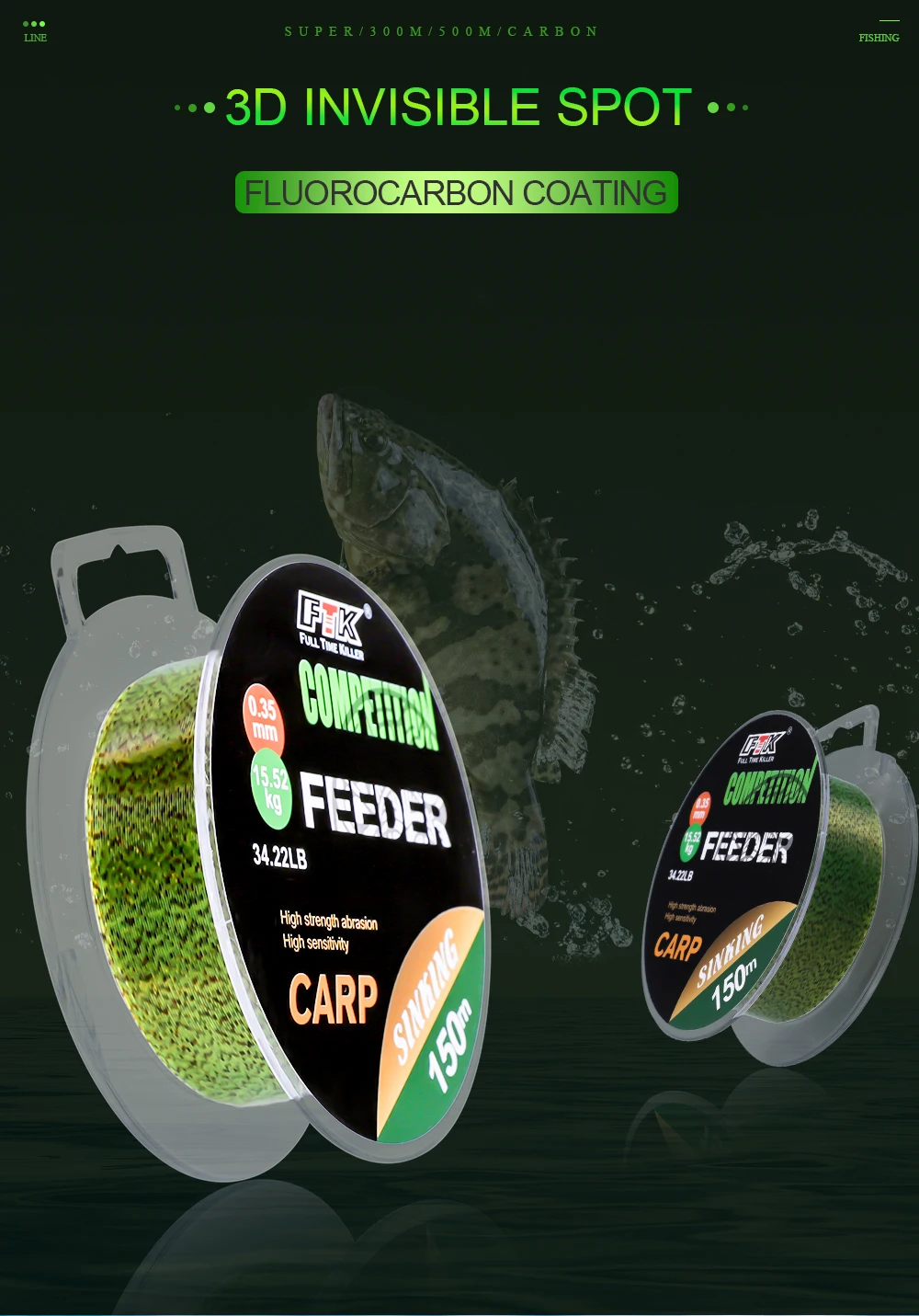 FTK 3D Unsichtbare Karpfen 150 m/300 m Angelschnur Nylon Super Starke Monofilament Fluorkohlenstoff Zug Spot Linie für Pesca – Detail 1