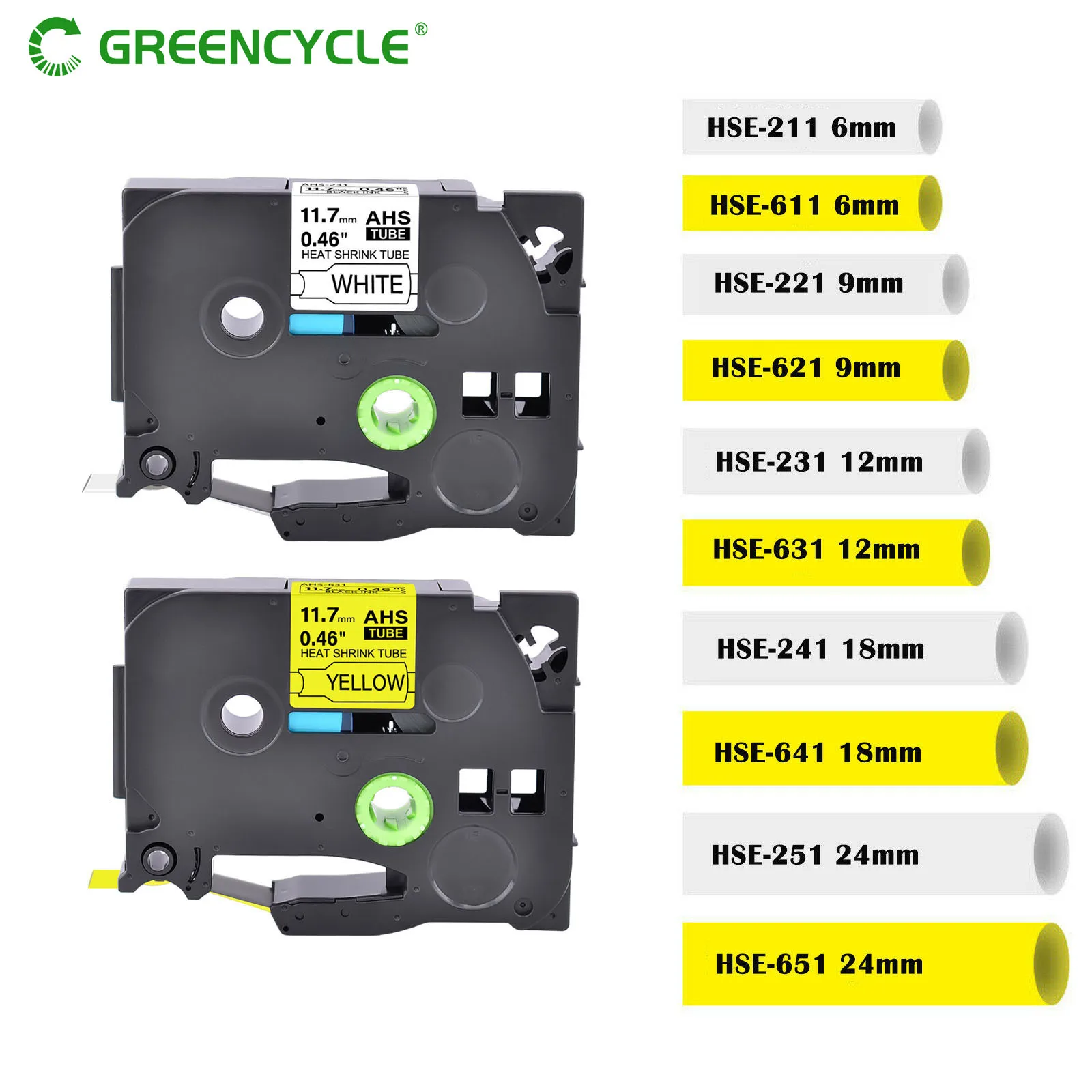 Greencycle-fita de Tubo Termoencolhível para Impressora P-touch Máquina de Etiquetas Compatível com Brother Hse211 221 231 621 mm mm 12 mm