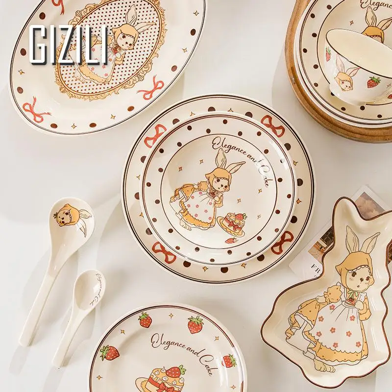 Retro Rabbit Ceramics Plate Kitchen Dishes Dinner Plate Household Combination Dinnerware Bowl Bowl Kitchen Supplies ﻿