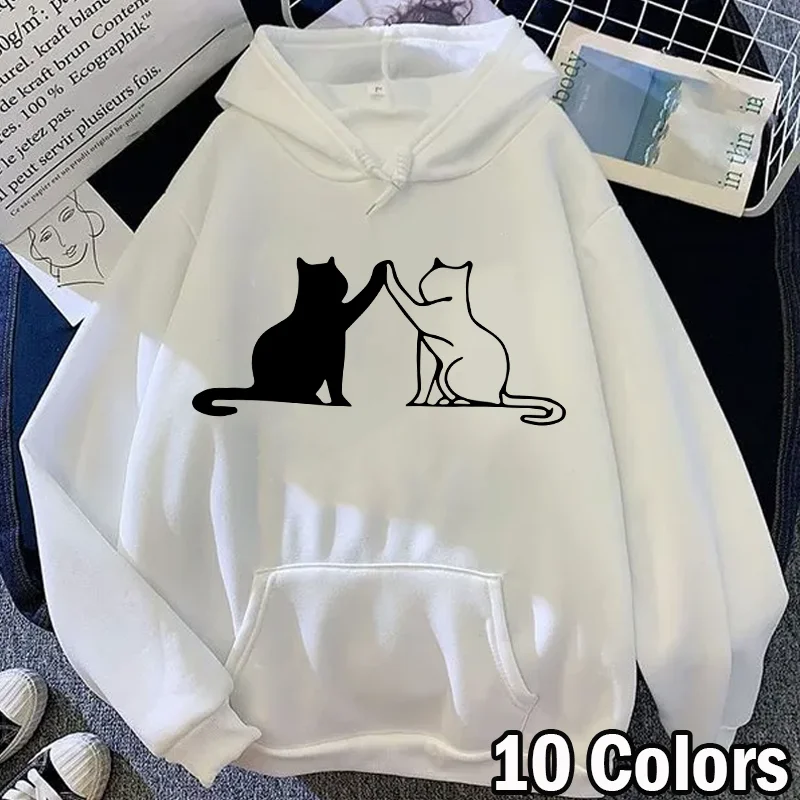 Cute Cat Printed Hoodies Spring Autumn Winter Long Sleeve Hooded Tops Casual Pullover Women Sweatshirt