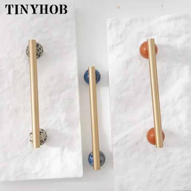 Tinyhob Nordic Art Handle/หินอ่อนธรรมชาติ + ทองเหลืองจับและลูกบิดลิ้นชักดึงKnobsตู้ครัวสีชมพูเฟอร์นิเจอร์ฮาร์ดแวร์ 3