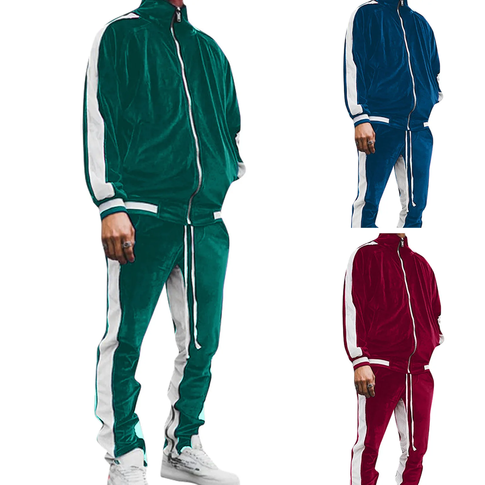 Mens Tracksuit Velvet Casual Jacket Sweatpant Spring Autumn Male Sport Suit 2 Piece Set Hip Hop Streetwear Fashion Sportswear