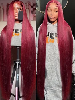 200 Density 13x4 13x6 Full Frontal Lace 99j Burgundy Preplucked Colored Straight Frontal Wig HD Transparent Lace Human Hair Wigs 1