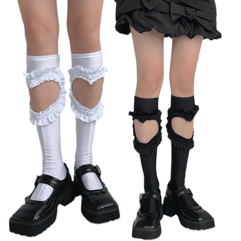 Women Sweet Girls Calf Socks Hollow Out Heart Ruffle Splicing Stockings