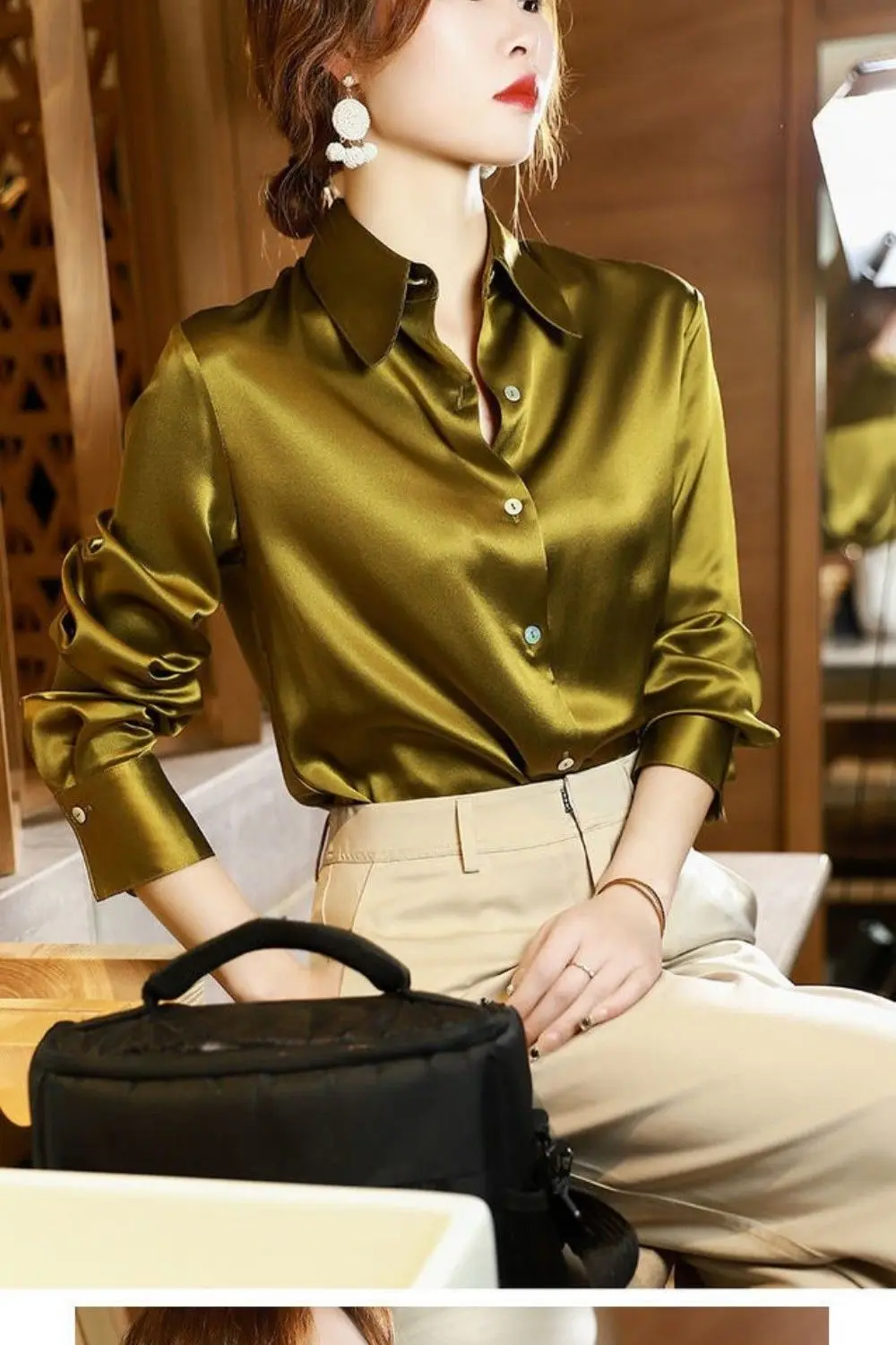 Women 2022 Spring Autumn Fashion Button Up Satin Silk Shirt Vintage Blouse Female Long Sleeves Tops Ladies Loose Shirts