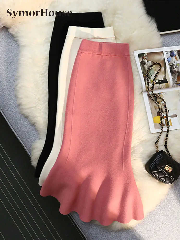 

2023 Autumn Winter Pink Knitted Mermaid Skirt Women Elastic High Waist Sexy Bodycon Trumpet Wrap -Hips Midi Skirt Ladies