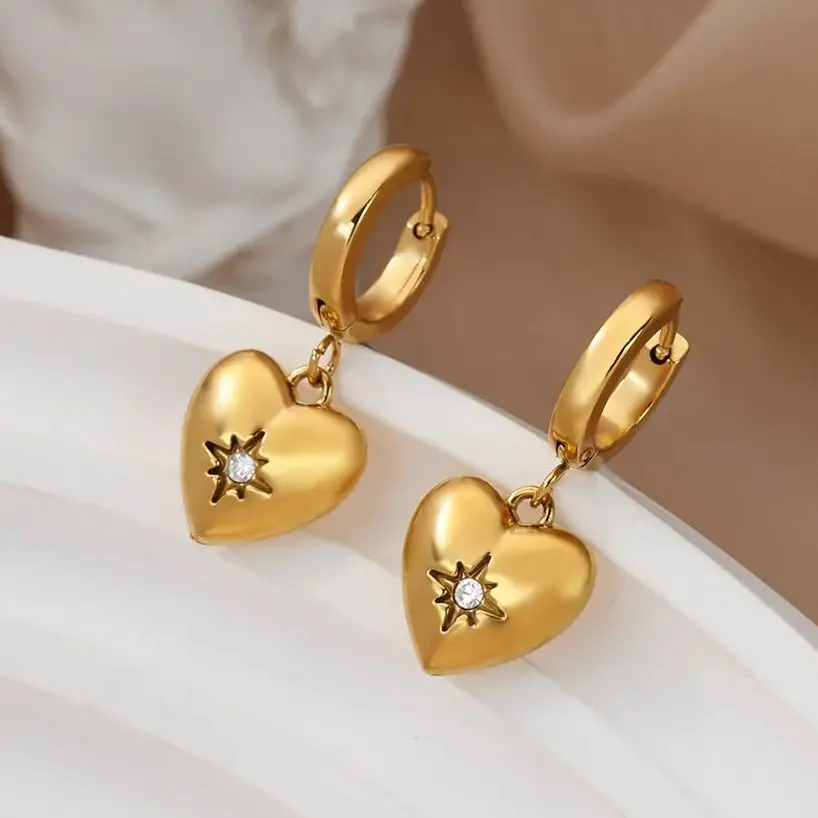 Zircon Heart Star Drop Earrings For Women Luxury Gold Color Stainless Steel