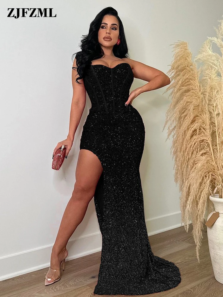 

Sexy Glitter Sequin Strapless Night Club Dresses for Women Backless Side High Slit Maxi Dress Slim Fit Birthday Party Vestidos