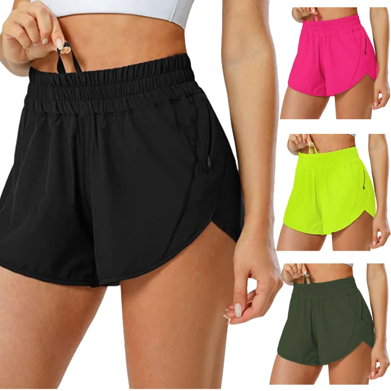 Solid Color High Waist Loose Fitness Short Side Zipper Pocket Gym Yoga Wear Workout Run Sporty Shorts Outfit for Woman Clothing