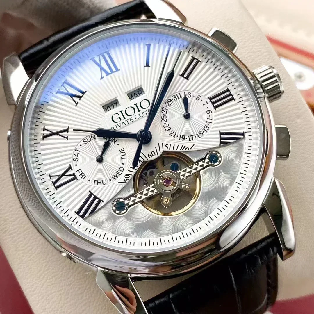 

2023 New Mens Automatic Mechanical Watch Rose Gold Stainless Steel Black Leather White Tourbillion MoonPhase Daydate