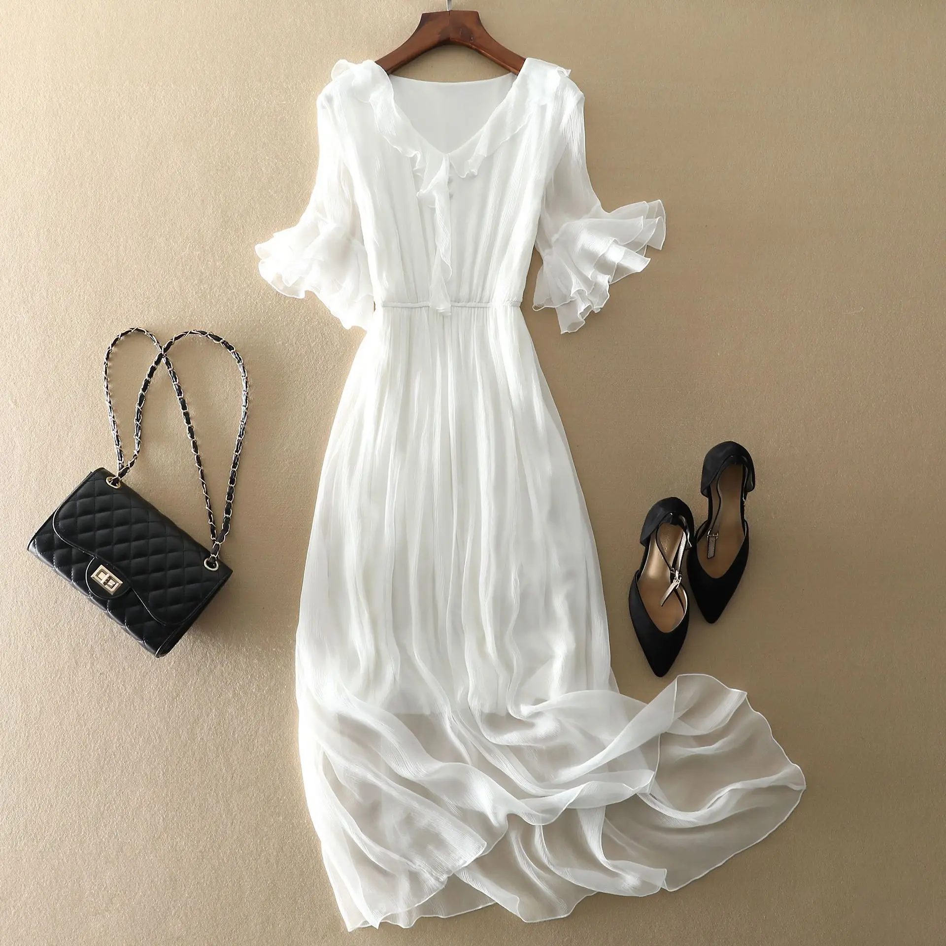 

White/Blue Elegant Ruffles V-neck Maxi Dresses for Women 2023 Summer Bohemian Pleated Long Silk Dress female