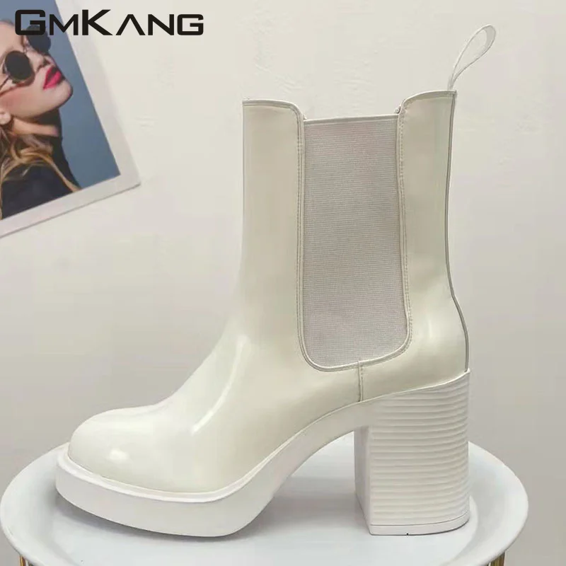 2023 New Chunky Heels Short Boots Woman Genuine Leather Round Toe Chelsea Boots Ladies High Heels Ankle Boots Women Booties