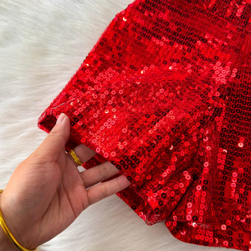 Basics Vintage High Waist Chic Glitter Sequin Short Pants Hotsweet Fashion Streetwear Club High Street Women Casual Clothing