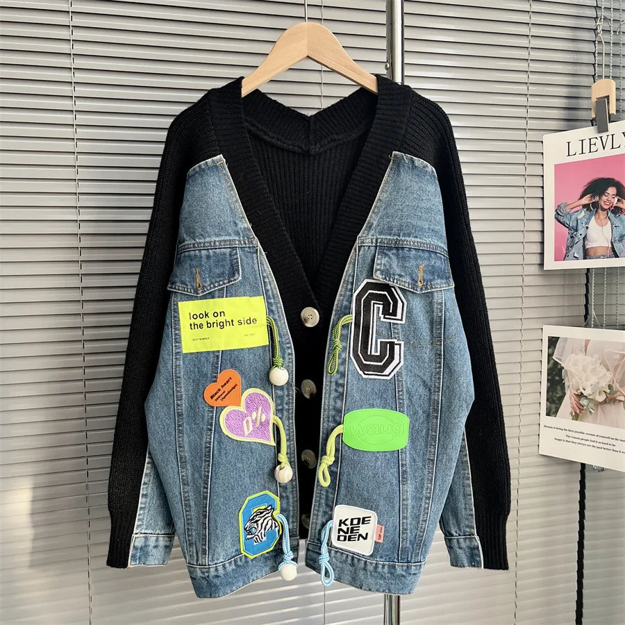 

Fashion Quality Thick Spliced Style Women Sweater Denim Jacket Female 2023 New Korean Version Loose Casual Cardigan Tops