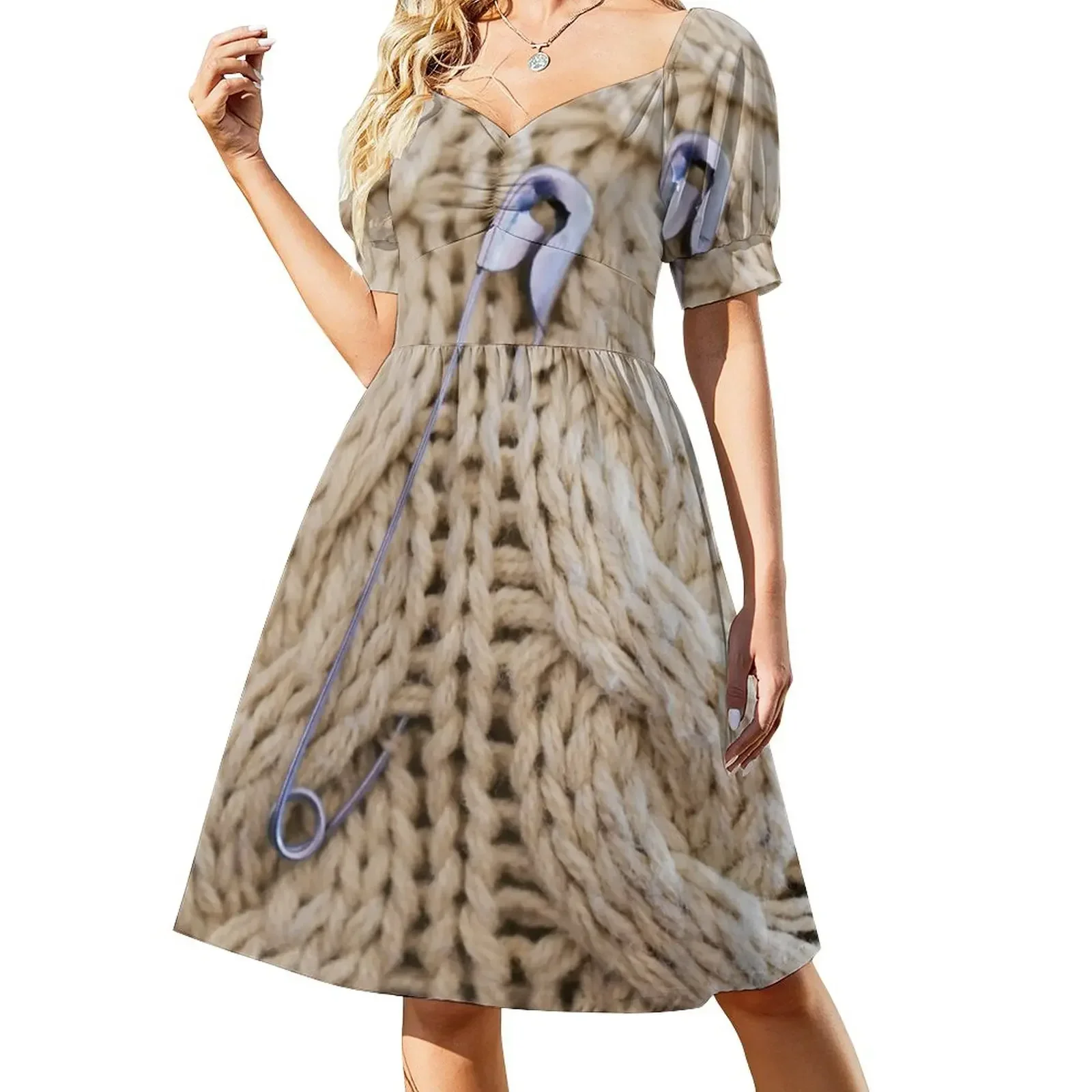 thumbnail image 1 of Vestido de manga corta con pasador de seguridad de punto por cable vestido para mujer vestidos de noche, 1 of 7