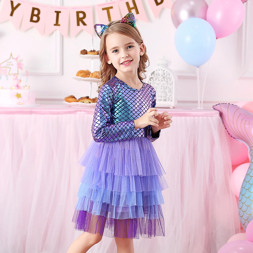 VIKITA-vestido de princesa con apliques de sirena para niñas, tutú de tul de malla, en capas, para fiesta de cumpleaños, 2 piezas, 3-12 años